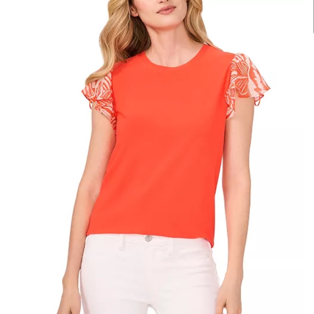 CeCe Women's Tropical-Print Mixed-Media Flutter-Sleeve Blouse Tigerlily Size XS